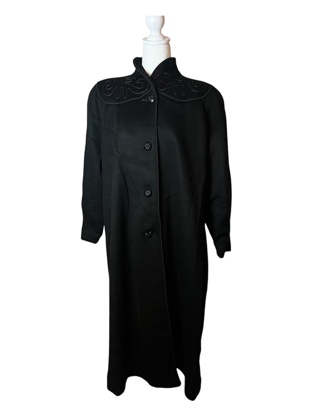 Vintage Made in USA 100% Wool Black Long Trench Coat Embroidered Plus Size